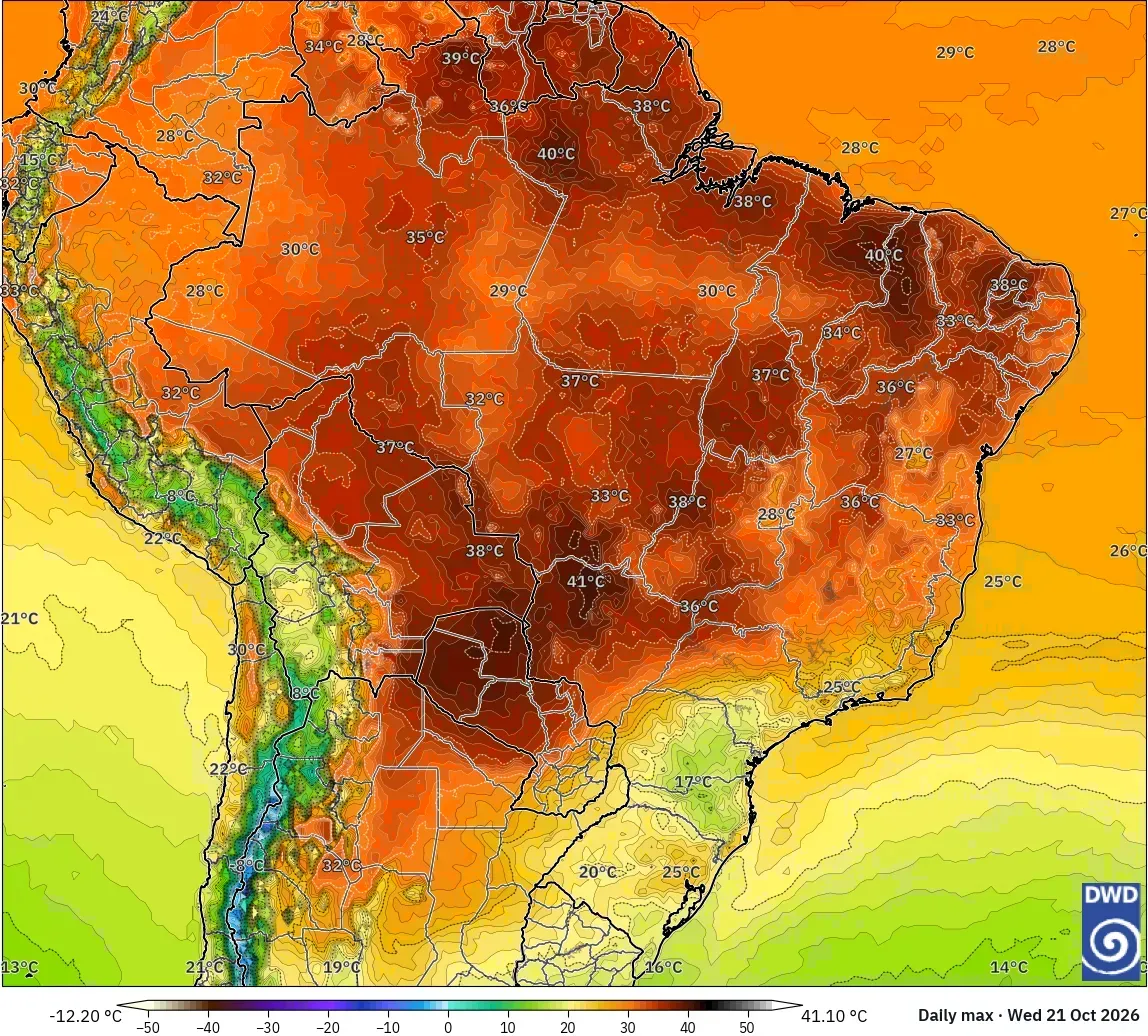 Máximas de 41 °C no Brasil, quarta-feira, 21 de outubro de 2026. Modelo ICON