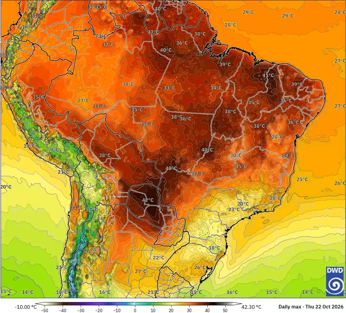 Máximas de 42 °C, com núcleo de calor extremo (≥ 40 °C) no Brasil, quinta-feira, 22 de outubro de 2026. Modelo ICON