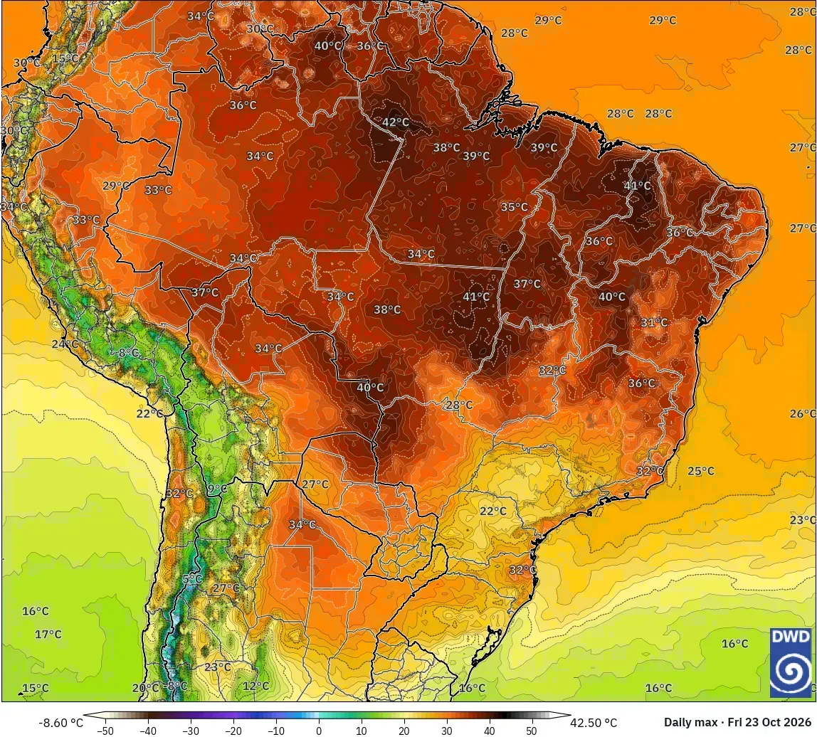 Máximas de 43 °C, com núcleo de calor extremo (≥ 40 °C) no Brasil, sexta-feira, 23 de outubro de 2026. Modelo ICON