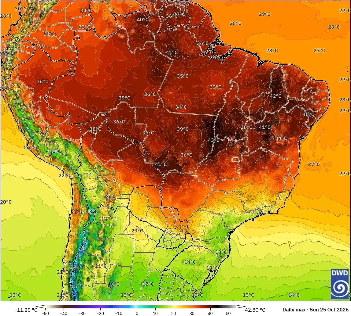 Máximas de até 43 °C, com núcleo de calor extremo (≥ 40 °C) no Brasil, domingo, 25 de outubro de 2026. Modelo ICON