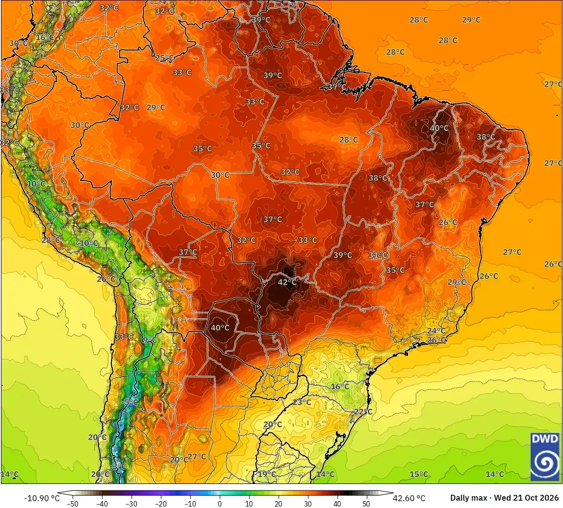 Máximas de até 43 °C, com núcleo de calor extremo (≥ 40 °C) no Brasil, quarta-feira, 21 de outubro de 2026. Modelo ICON