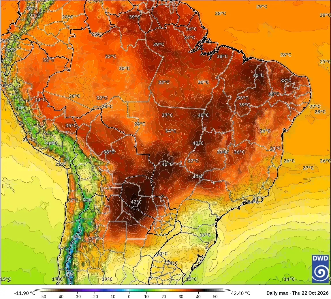 Máximas de até 42 °C, com núcleo de calor extremo (≥ 40 °C) no Brasil, quinta-feira, 22 de outubro de 2026. Modelo ICON