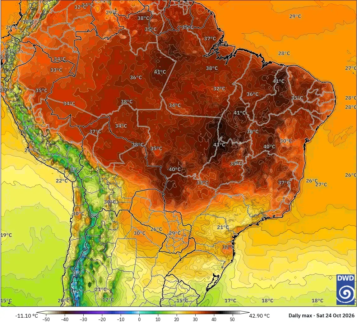 Máximas de até 43 °C, com núcleo de calor extremo (≥ 40 °C) no Brasil, sábado, 24 de outubro de 2026. Modelo ICON