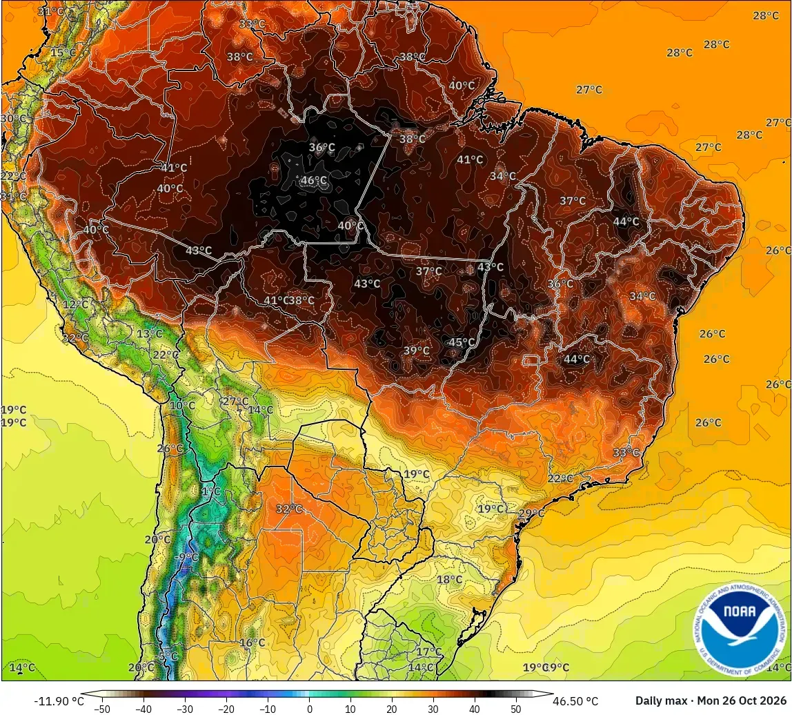 Máximas de até 47 °C, com núcleo de calor extremo (≥ 40 °C) no Brasil, segunda-feira, 26 de outubro de 2026. Modelo GFS