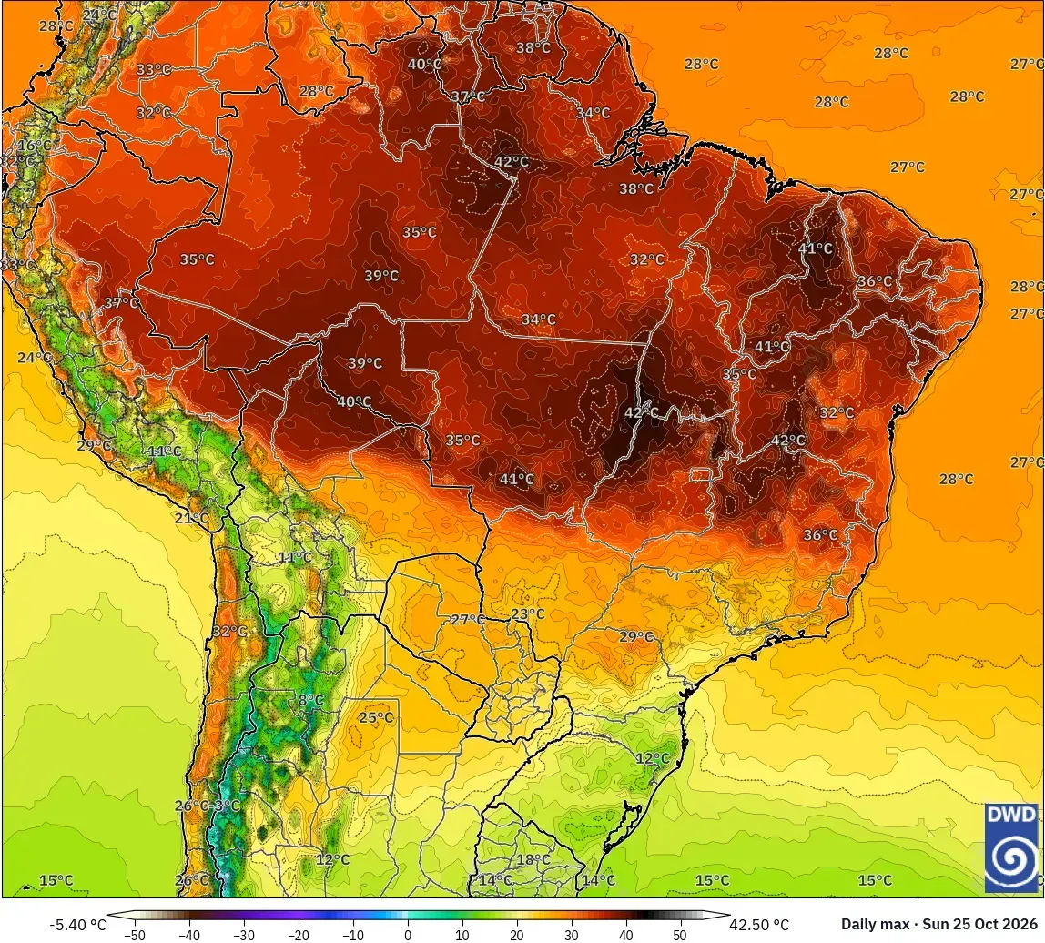 Máximas de até 43 °C, com núcleo de calor extremo (≥ 40 °C) no Brasil, domingo, 25 de outubro de 2026. Modelo ICON