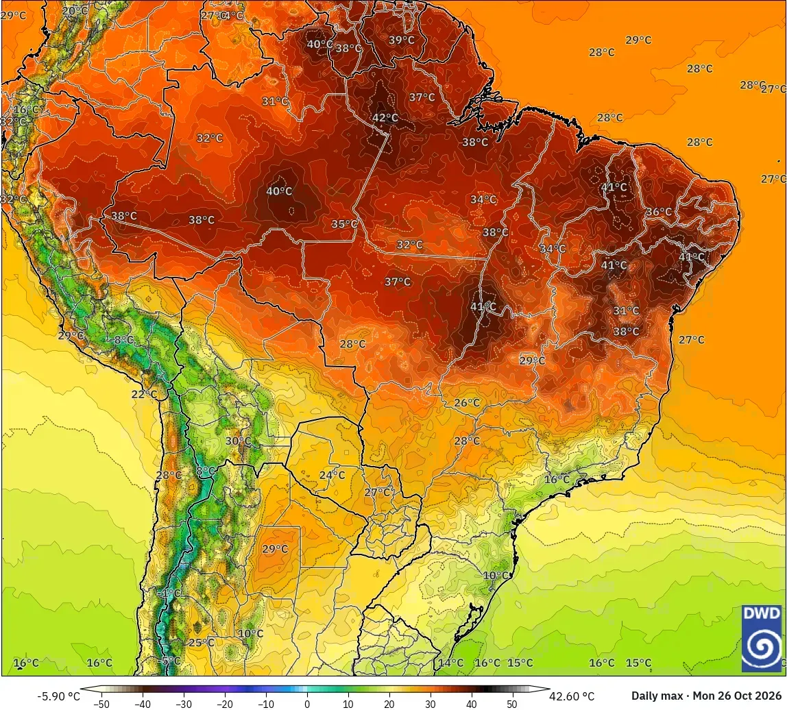 Máximas de até 43 °C, com núcleo de calor extremo (≥ 40 °C) no Brasil, segunda-feira, 26 de outubro de 2026. Modelo ICON