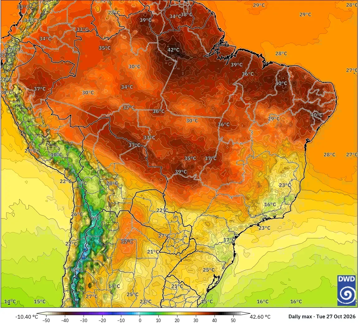 Máximas de até 43 °C, com núcleo de calor extremo (≥ 40 °C) no Brasil, terça-feira, 27 de outubro de 2026. Modelo ICON