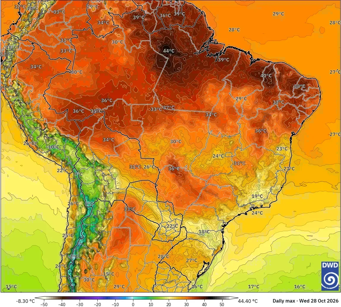 Máximas de até 44 °C, com núcleo de calor extremo (≥ 40 °C) no Brasil, quarta-feira, 28 de outubro de 2026. Modelo ICON