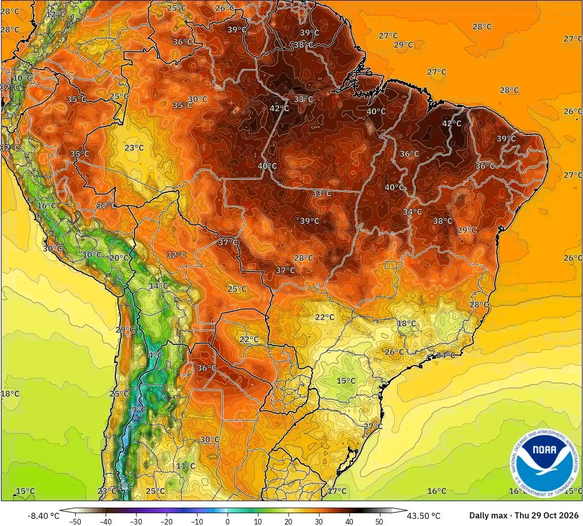 Máximas de até 44 °C, com núcleo de calor extremo (≥ 40 °C) no Brasil, quinta-feira, 29 de outubro de 2026. Modelo GFS