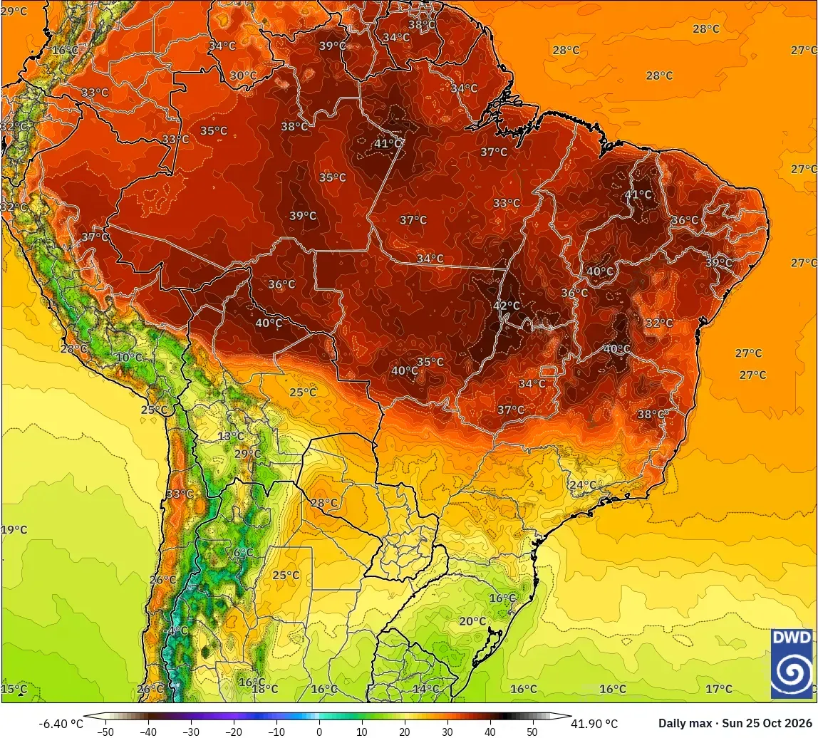 Máximas de até 42 °C, com núcleo de calor extremo (≥ 40 °C) sobre o Brasil, domingo, 25 de outubro de 2026. Modelo ICON