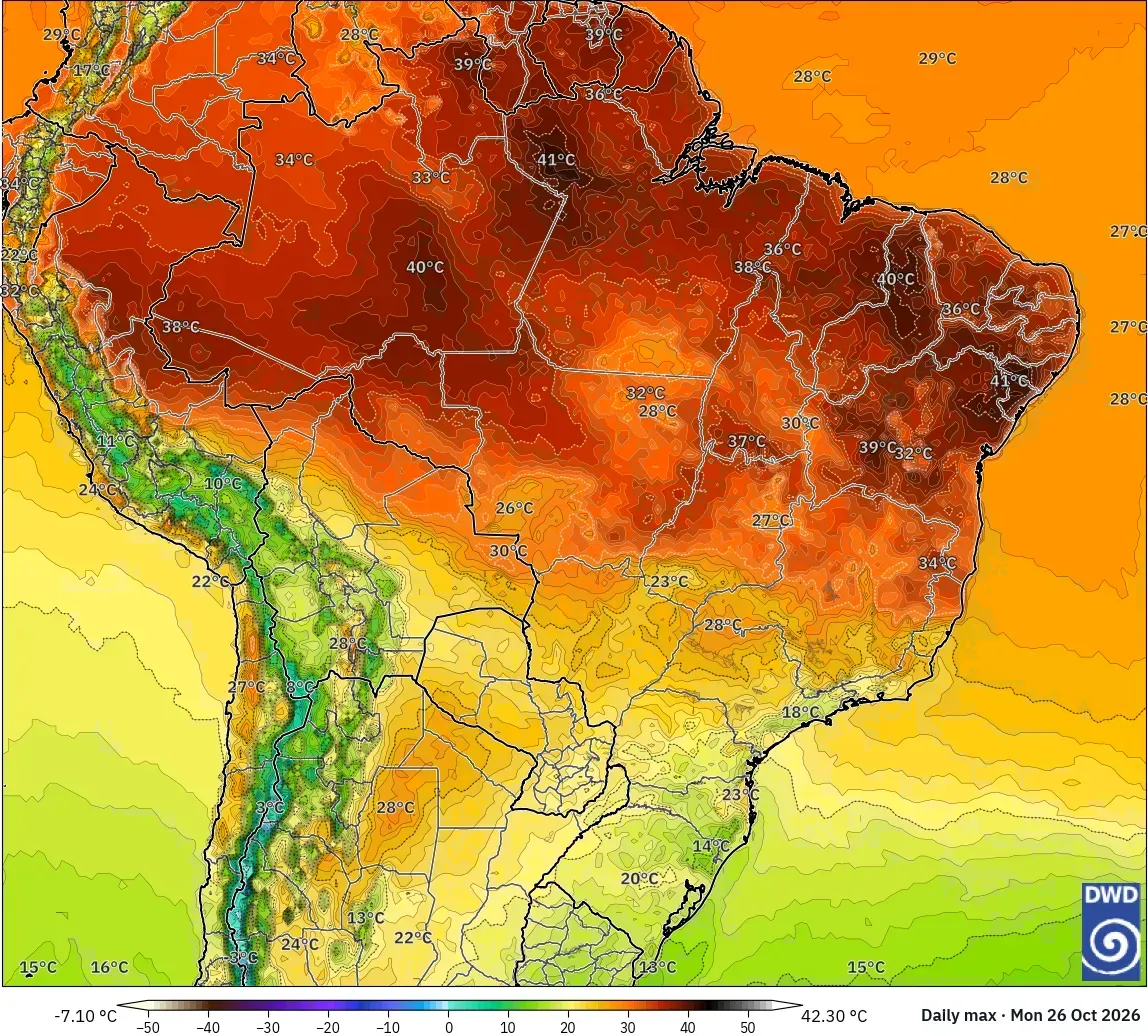 Máximas de até 42 °C, com núcleo de calor extremo (≥ 40 °C) sobre o Brasil, segunda-feira, 26 de outubro de 2026. Modelo ICON