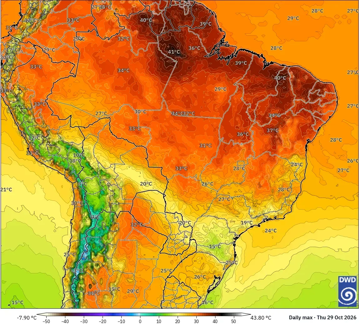 Máximas de até 44 °C, com núcleo de calor extremo (≥ 40 °C) sobre o Brasil, quinta-feira, 29 de outubro de 2026. Modelo ICON