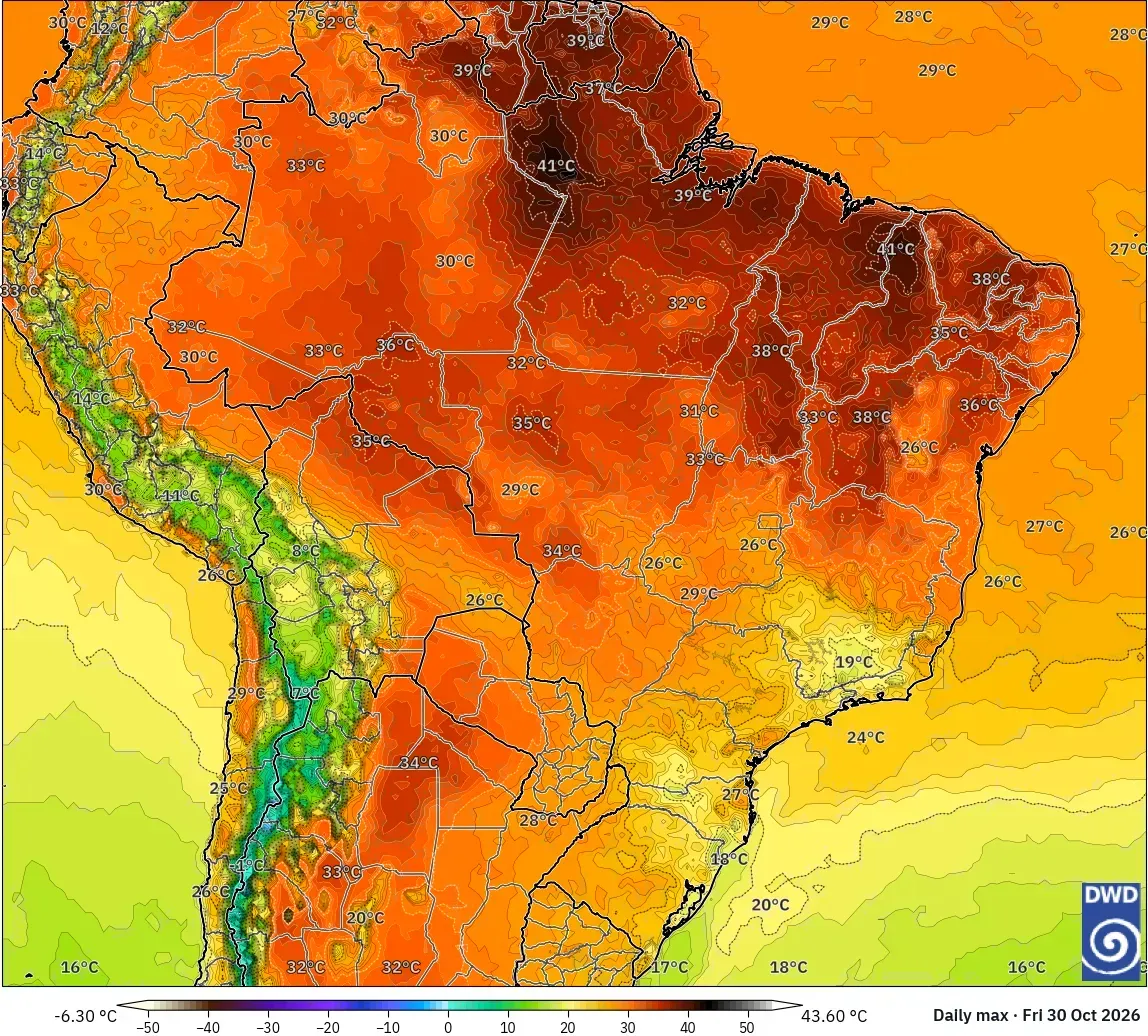 Máximas de até 44 °C, com núcleo de calor extremo (≥ 40 °C) sobre o Brasil, sexta-feira, 30 de outubro de 2026. Modelo ICON
