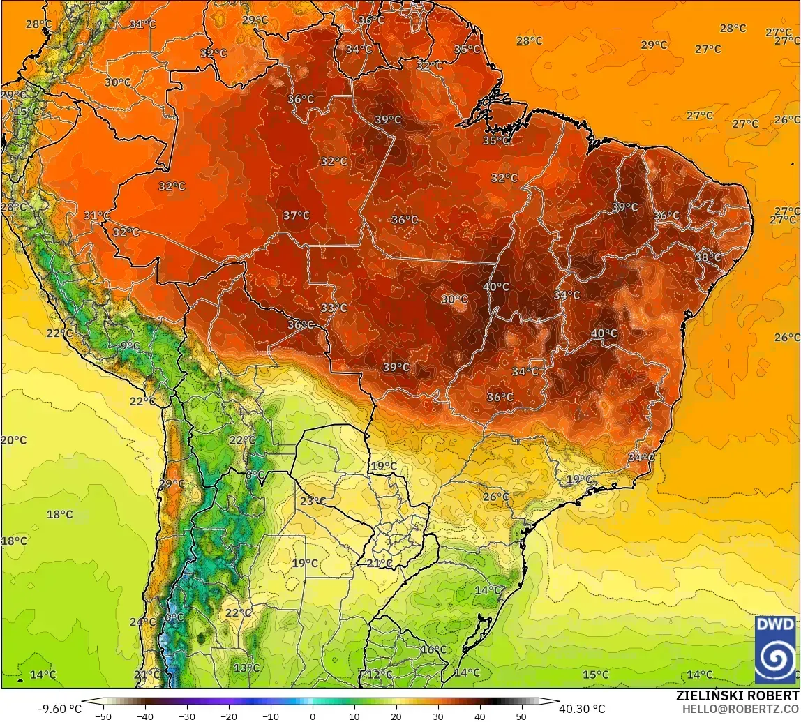 Temperaturas de até 38 °C no Brasil, domingo, 25 de outubro de 2026. Modelo ICON