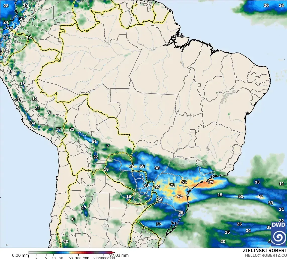 Chuva de até 71 mm em 1,1 dia nas proximidades do Brasil, domingo, 25 de outubro de 2026. Modelo ICON