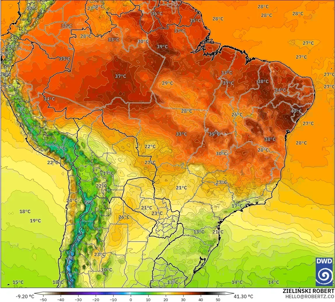Temperaturas de até 38 °C no Brasil, segunda-feira, 26 de outubro de 2026. Modelo ICON