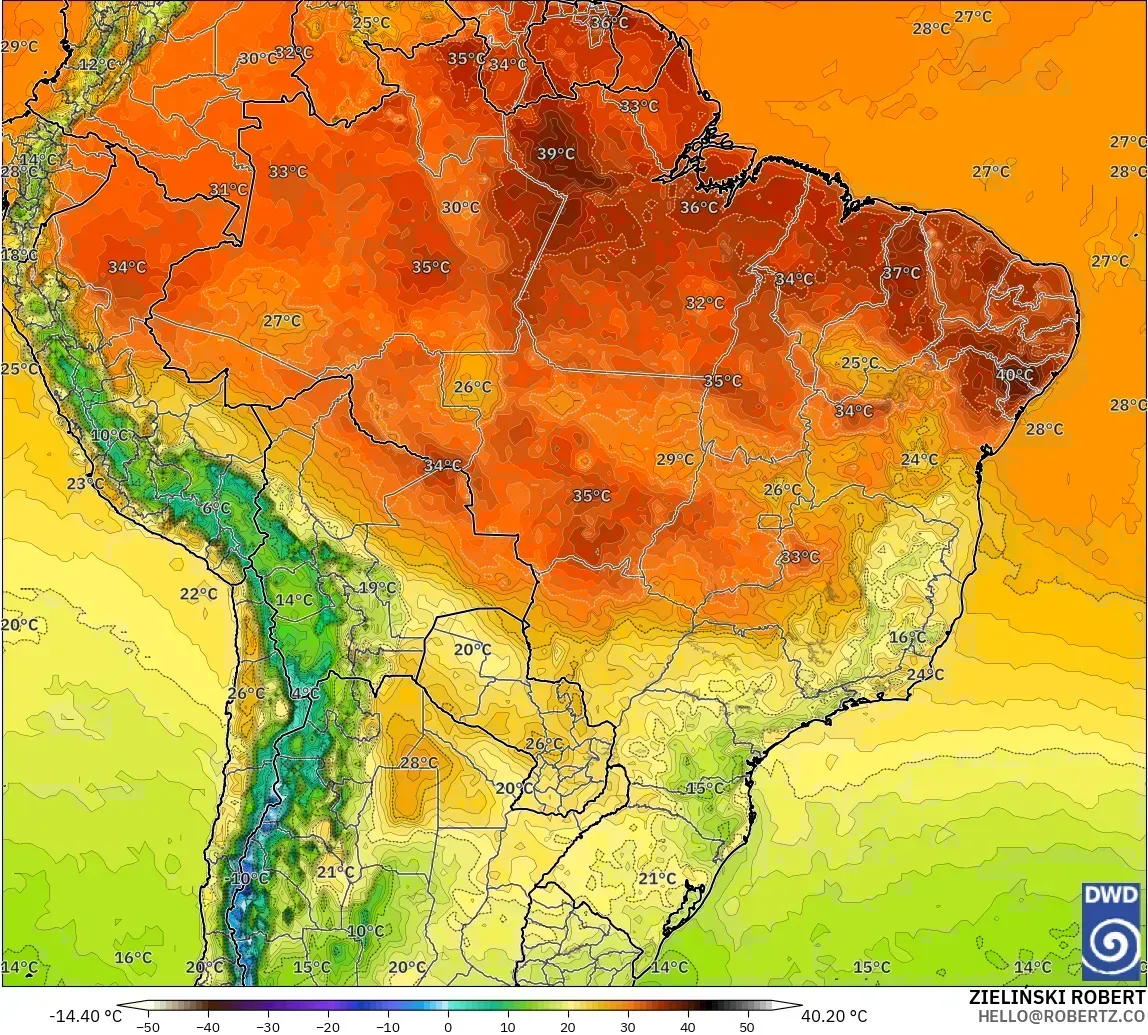 Temperaturas de até 37 °C no Brasil, terça-feira, 27 de outubro de 2026. Modelo ICON