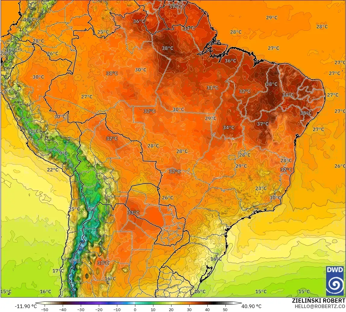 Temperaturas de até 38 °C no Brasil, sábado, 31 de outubro de 2026. Modelo ICON