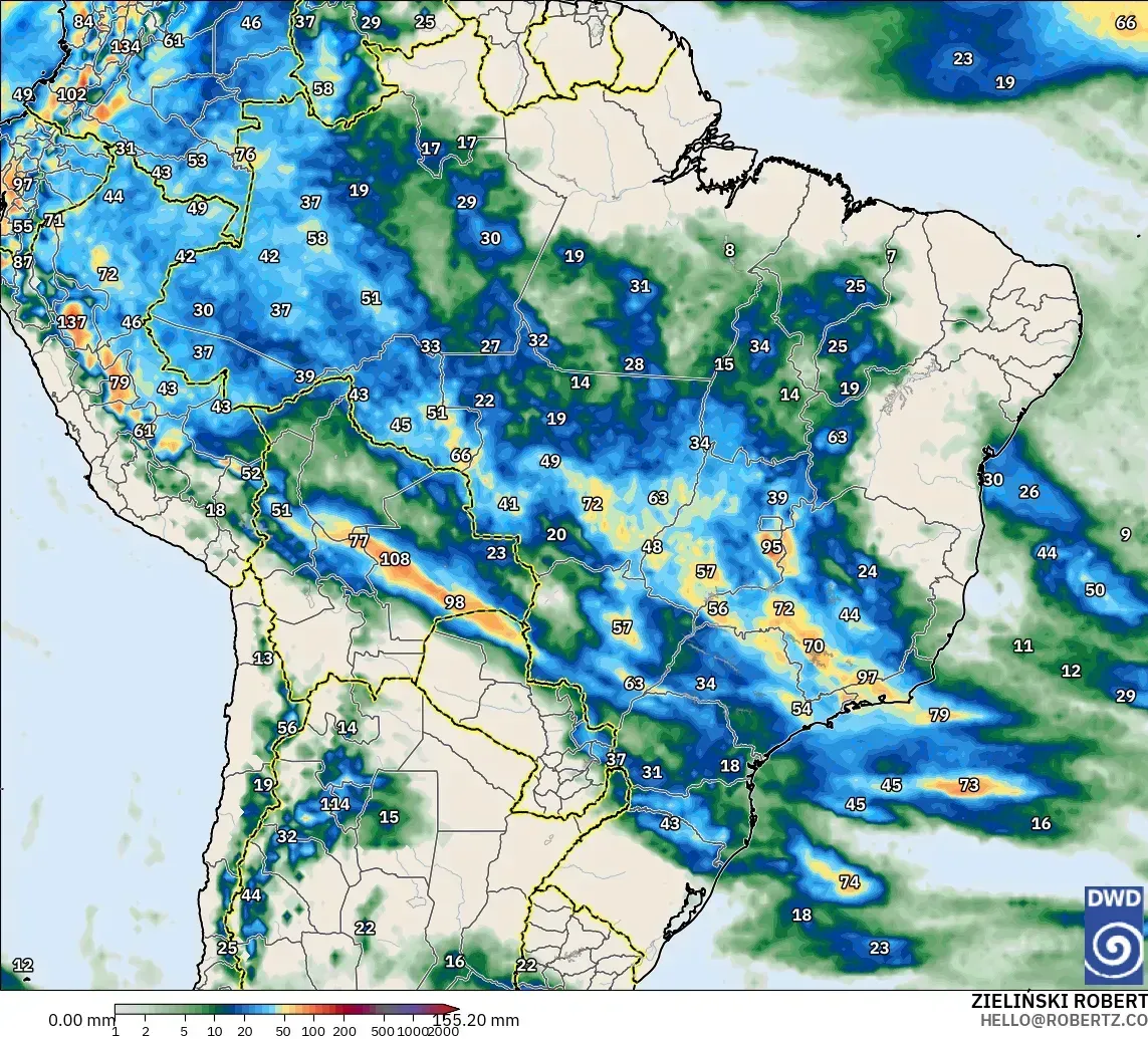 Chuva de até 61 mm em 3,6 dias perto do Brasil, sábado, 31 de outubro de 2026. Modelo ICON