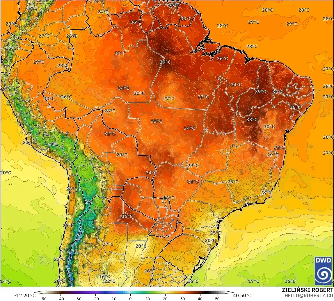 Temperaturas de até 38 °C no Brasil, domingo, 1º de novembro de 2026. Modelo ICON