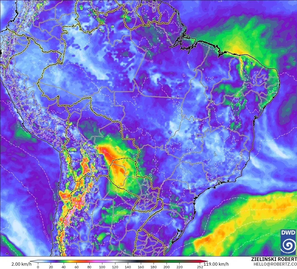Rajadas de até 73 km/h perto do Brasil, domingo, 1º de novembro de 2026. Modelo ICON